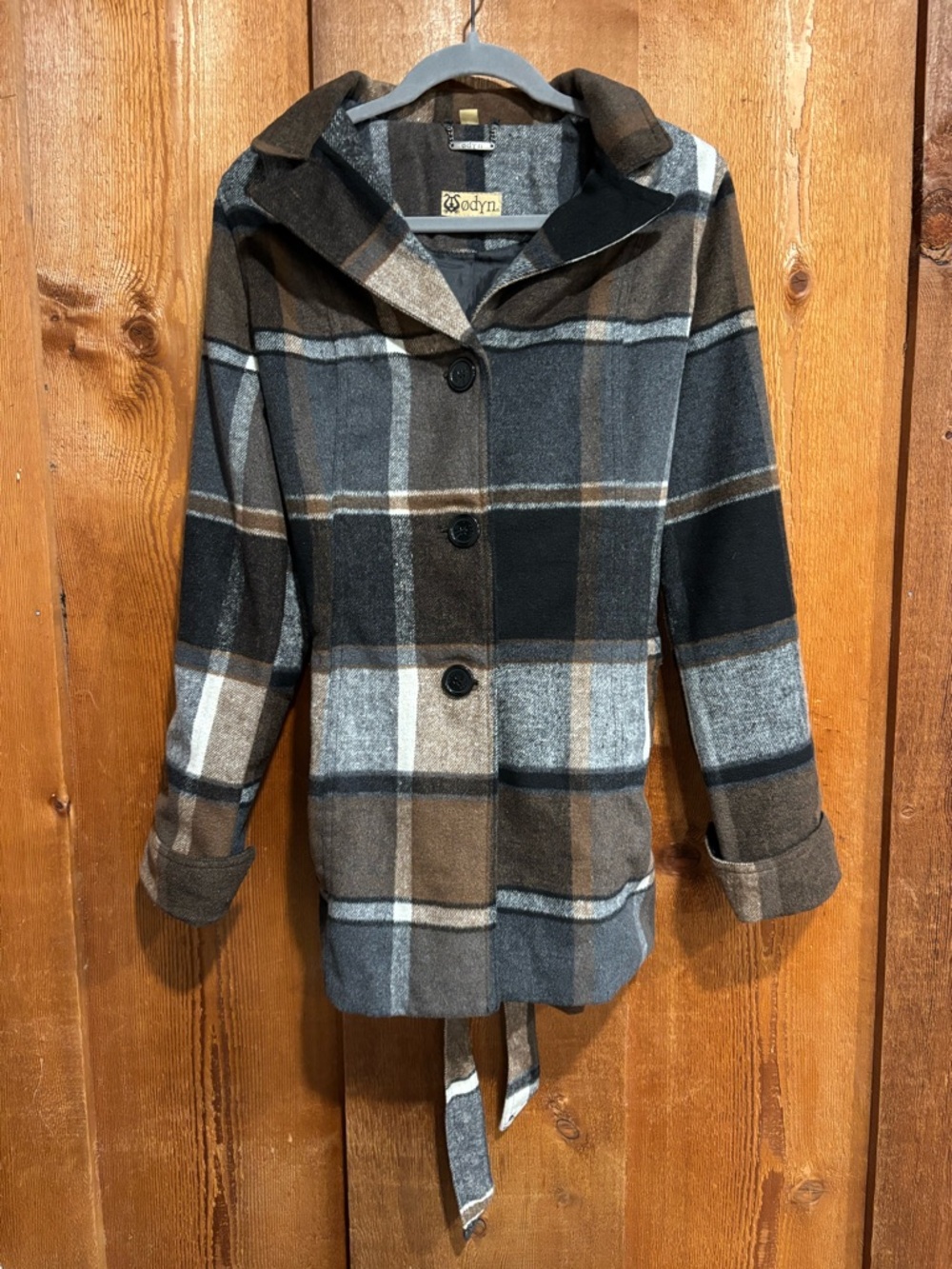 Odyn Plaid Belted Pea Coat Jacket Medium Brown Grey Black Oversized Collar MD
